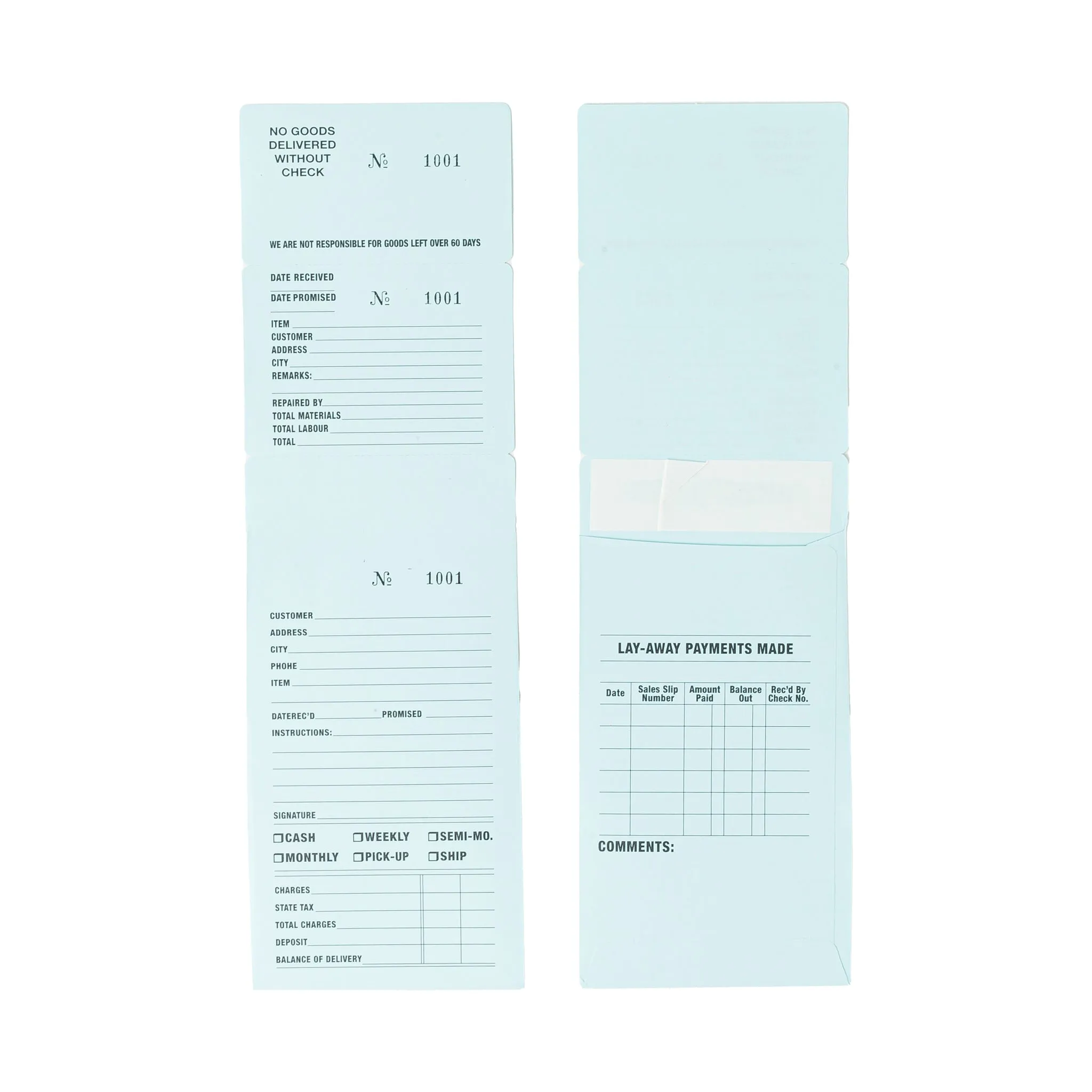 Aqua Three Part Numbered Job Envelopes, Watch and Jewellery Repair Job Envelopes.