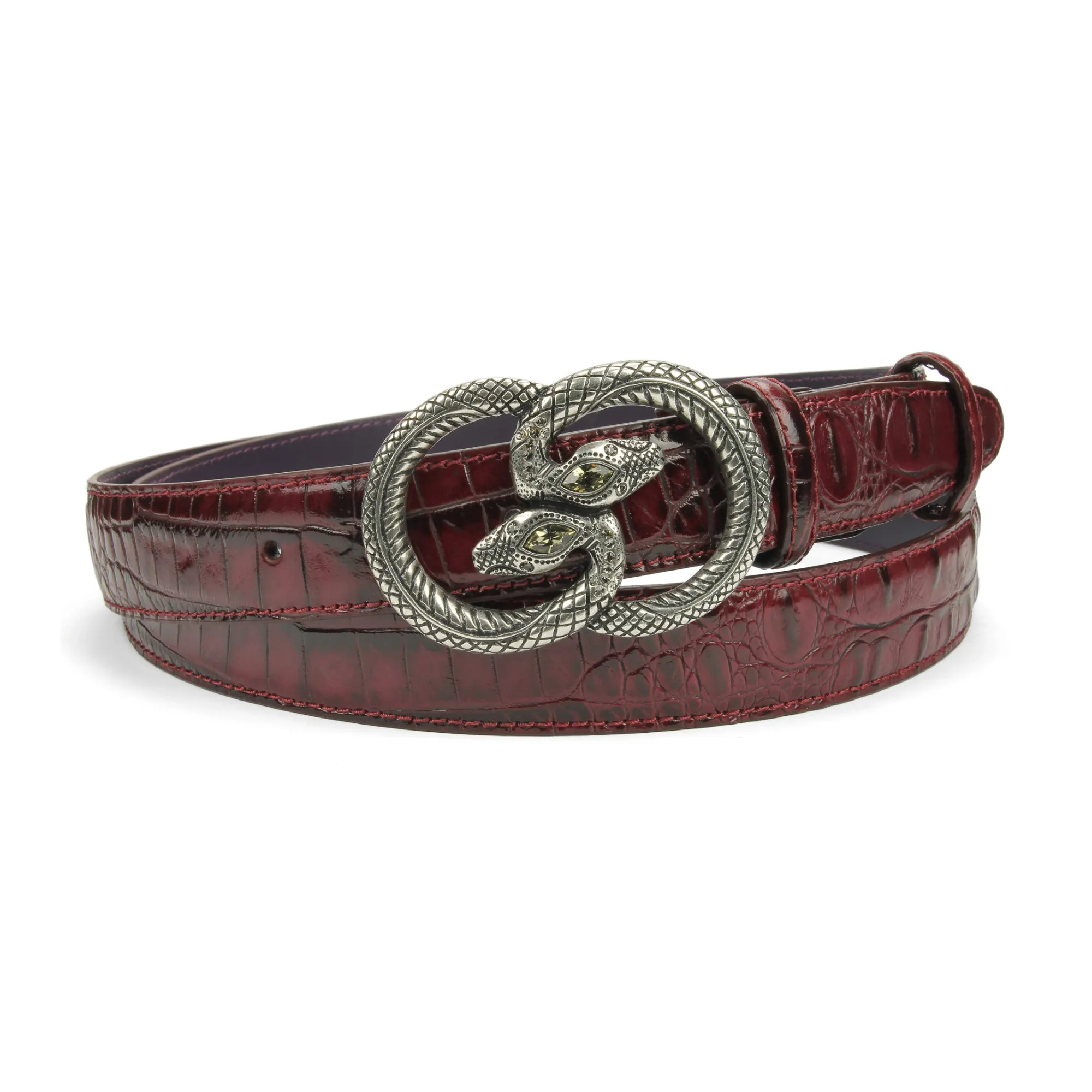 Burgundy Narrow Croc Effect Crystal Snake Belt