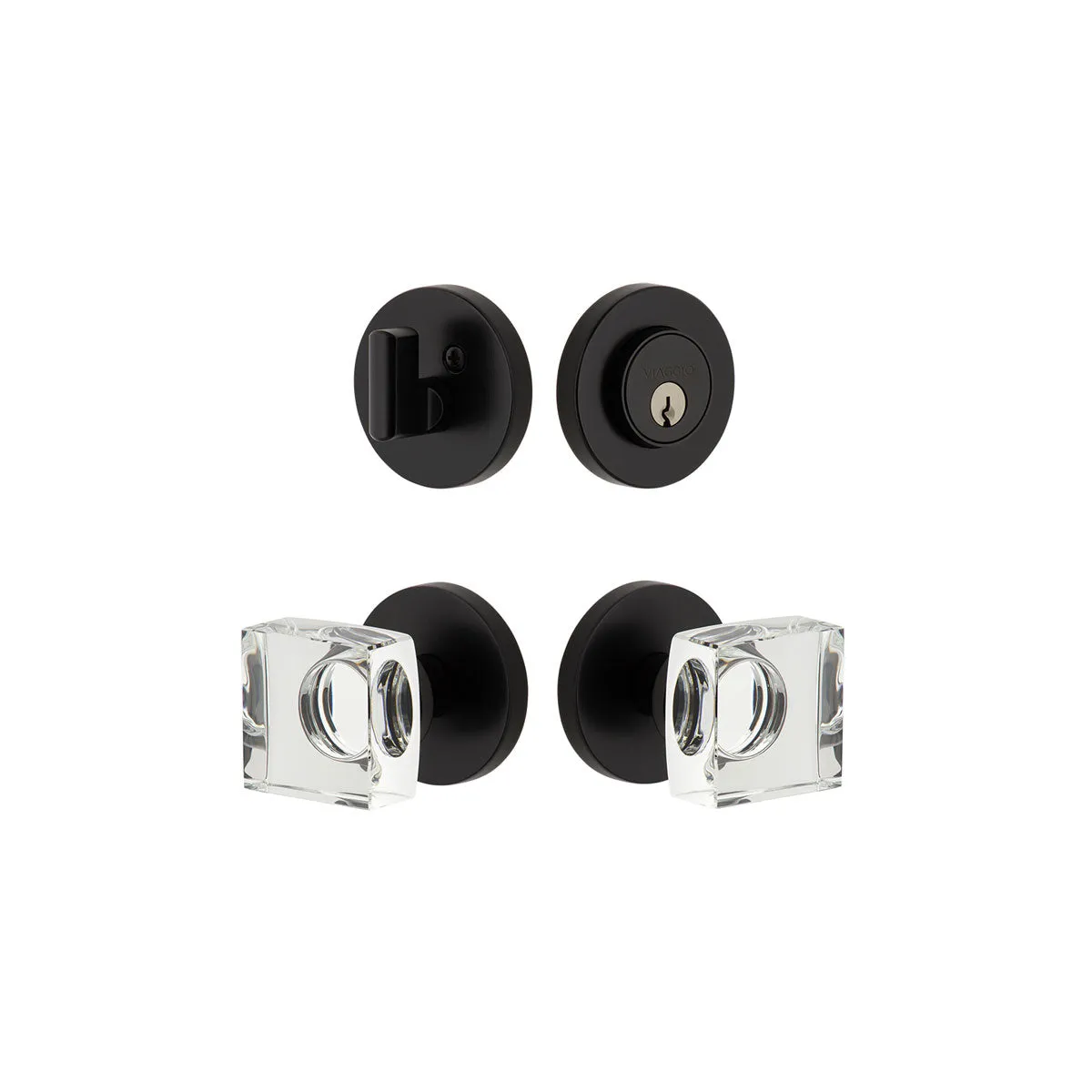 Circolo Rosette Entry Set with Quadrato Crystal Knob in Satin Black