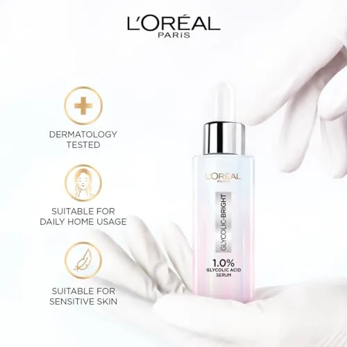 L'Oreal Paris Brightening Serum, 1% Glycolic Acid, 2% Niacinamide Serum, Visibly Minimizes Spots, Reveals Even Skin Tone, Glycolic Bright Skin, 15ml