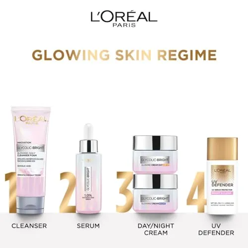 L'Oreal Paris Brightening Serum, 1% Glycolic Acid, 2% Niacinamide Serum, Visibly Minimizes Spots, Reveals Even Skin Tone, Glycolic Bright Skin, 15ml