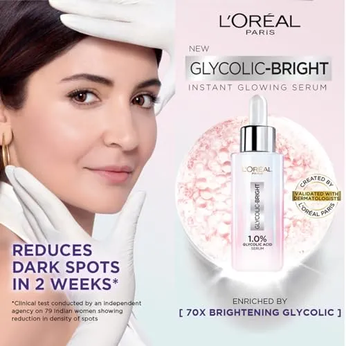 L'Oreal Paris Brightening Serum, 1% Glycolic Acid, 2% Niacinamide Serum, Visibly Minimizes Spots, Reveals Even Skin Tone, Glycolic Bright Skin, 15ml