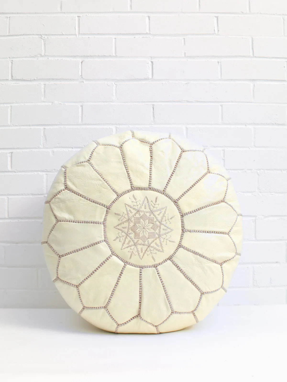 Moroccan Leather Pouffe, Pale Lemon