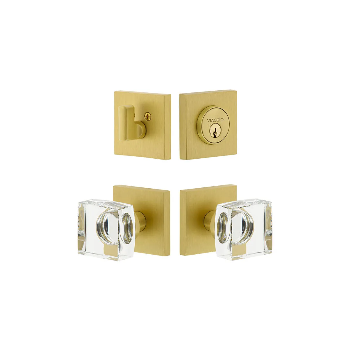 Quadrato Rosette Entry Set with Quadrato Crystal Knob in Satin Brass