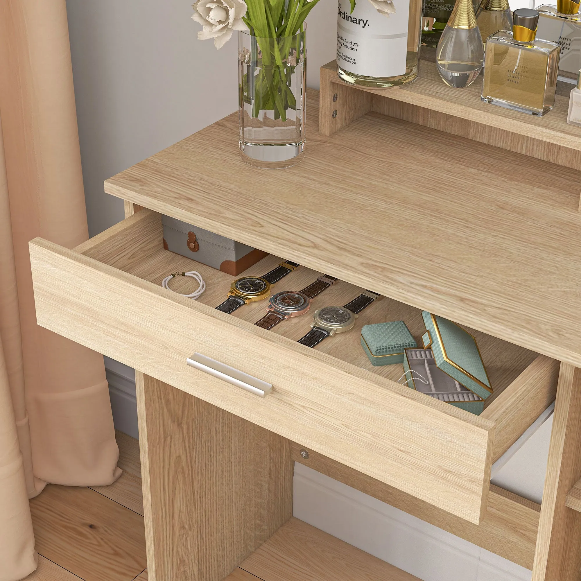 Vanity Table, Makeup Table with Mirror and Storage, Maple Wood-effect